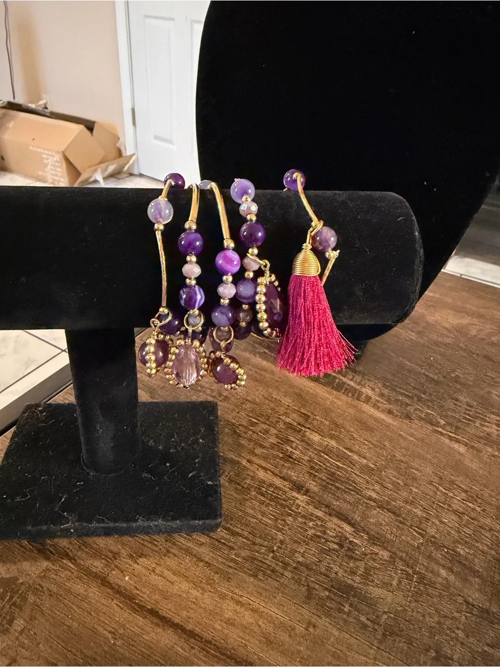 Gold-Tone Purple Beaded Bracelet Set with Pink Tassel